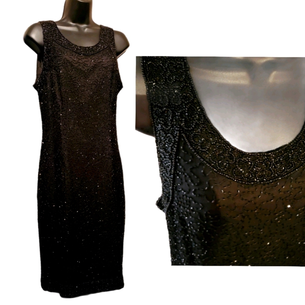 Laurence Kazar Black Silk Beaded Cocktail Dress Sleeveless Size Medium Vintage